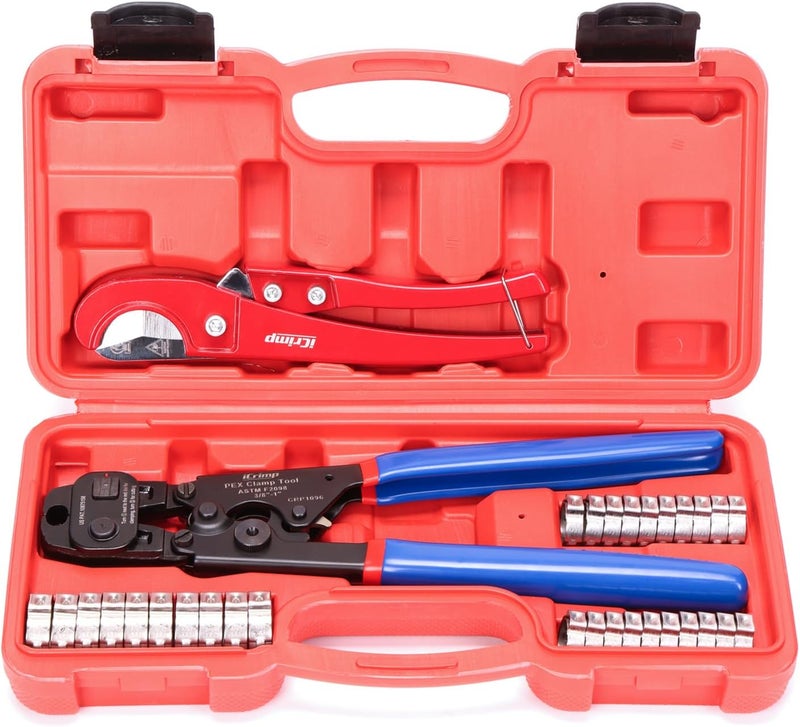 iCRIMP Ratchet PEX Cinch Tool with Removing Function for 3/8-in, 1/2-in, 3/4-in, 1-in Stainless Steel Clamp, PEX Crimper with 20PCS 1/2-in, 10PCS 3/4-in PEX Clamps and Pipe Cutter- All in One - Image 1